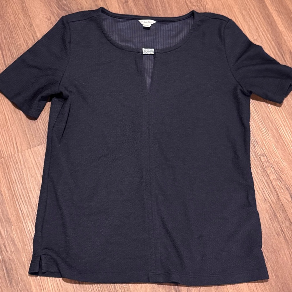 Calvin Klein dark navy blue textured stretchy keyhole short sleeve top